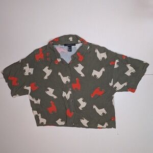 Forever 21 Green Llama Print Button Down Crop Boxy Shirt Women's Small, Casual‎